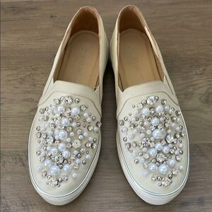 Stuart Weitzman Womens Pearl Crystal Slip-On Leather Platform Sneakers Sz 6.5